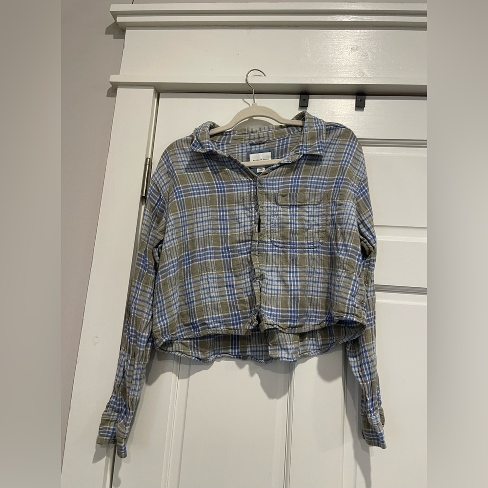 American Eagle Green and Blue Flannel Cropped
